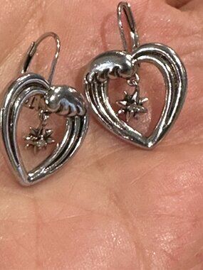 Vintage 925 Silver Heart Dangle Diamond Accent Lever-Back Earrings Signed AD TK